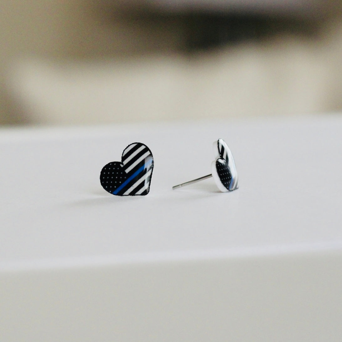 Police Blue Line Flag Heart Stud Earrings