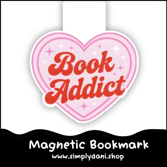 Heart-shaped magnetic bookmark with 'Book Addict' text on a white background
